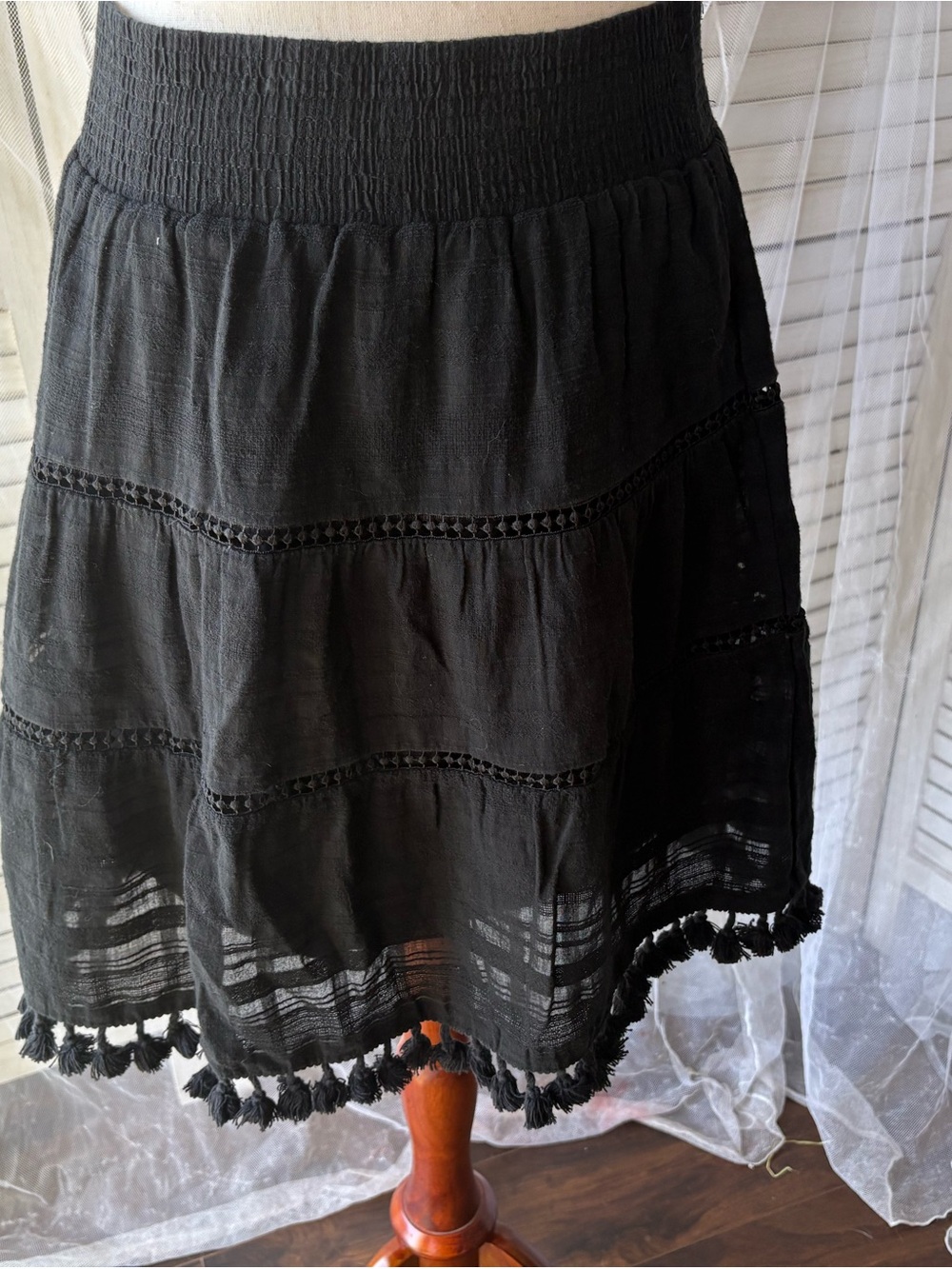 LOFT Black Tiered Tassel-Hem Skater Skirt